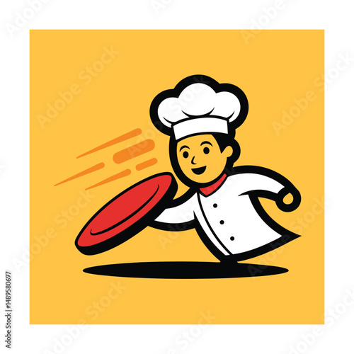 Chef Cartoon Logo Flipping Dosa on Pan with Speed