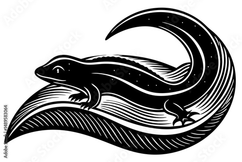 Artistic silhouette of a lizard with ornamental design and transparency, lizard, reptile, animal, wildlife, nature, vector, illustration, graphic, design, silhouette, monochrome, black and white, whit