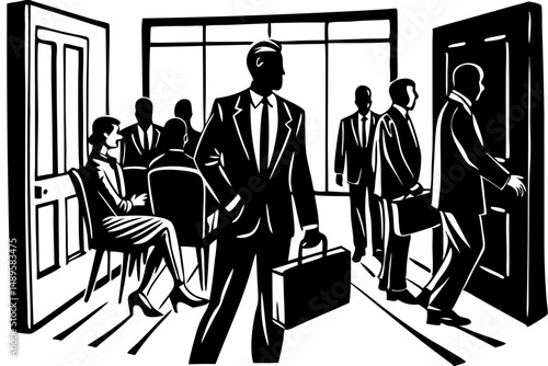 Silhouette depicting a dynamic scene of figures walking with purpose, silhouette, walking, movement, dynamic, figures, person, vector, illustration, shape, art, design, monochrome, black and white,