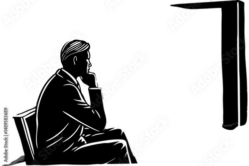 Silhouette of a seated figure with hand on chin in contemplation, silhouette, figure, man, person, seated, chair, thinking, contemplation, profile, chin rest, hand on chin, line art, minimalist, vecto