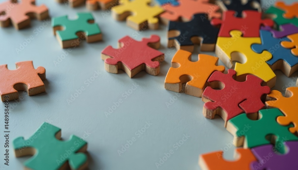 Obraz premium Colorful Jigsaw Puzzle Pieces Scattered on Light Surface