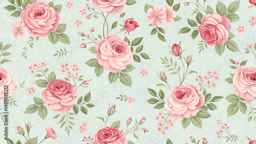 Wallpaper Mural Repeating pastel floral design with vintage roses, suitable for digital use, textile décor, and print projects Torontodigital.ca