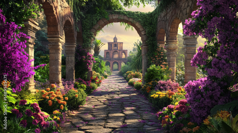 Obraz premium Archway in a whimsical garden set in the background.