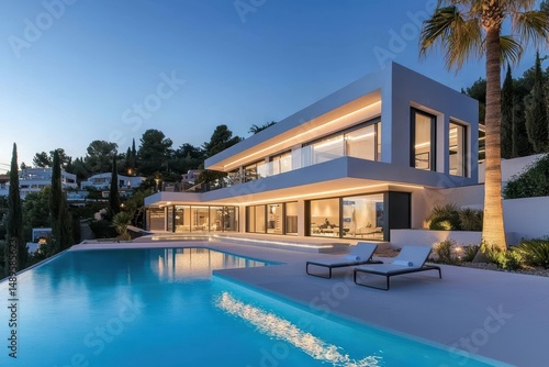 Wallpaper Mural Modern Villa with Infinity Pool at Dusk Surrounded by Trees Torontodigital.ca