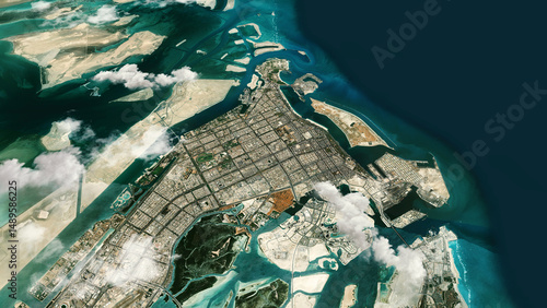 Bild auf Leinwand Abu Dhabi Satellite Map Aerial View with Clouds Realistic Weather Overlay