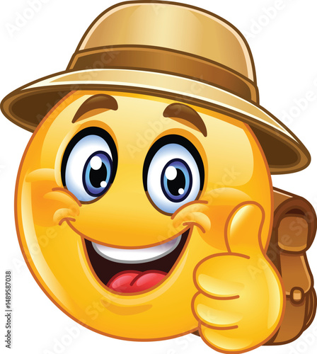 Happy Backpacker Emoji Emoticon Giving a Thumb Up, Wearing a Safari Hat and Carrying a Travel Backpack