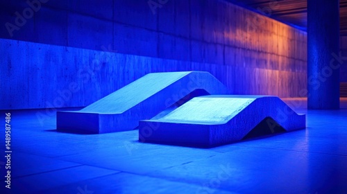 Blue-lit concrete benches in an underground tunnel