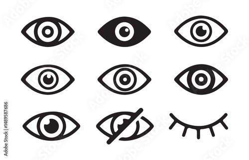 Black Eye icon set. See and unsee symbol. Eyesight vision sign. Show password. Vector illustration eps 10