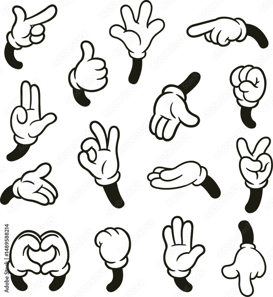 Fototapeta premium Retro Cartoon Style Illustration Set Featuring 15 Expressive Hand Gestures. Each Hand is Drawn with Bold Outlines, White Gloves, and Vintage Character Appeal.