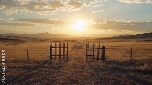 Open field with a single gate leading to a dirt road, golden sunset