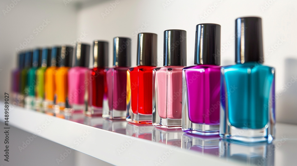 A vibrant row of colorful nail polish bottles with black caps displayed on a white shelf. Perfect for beauty and nail care concepts. A vibrant row of colorful nail polish bottles with black caps displayed on a white shelf. Perfect for beauty and nail care concepts.