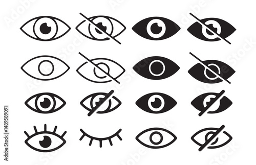 Black Eye icon set. See and unsee symbol. Eyesight vision sign. Show password. Vector illustration eps 10