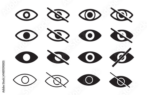 Black Eye icon set. See and unsee symbol. Eyesight vision sign. Show password. Vector illustration eps 10