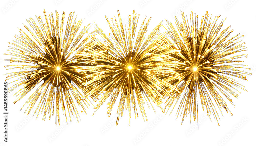 Obraz premium Golden fireworks burst in dazzling display against dark sky, creating festive and celebratory atmosphere. bright, sparkling lights radiate joy and excitement