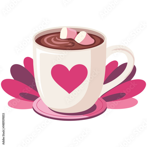 Hot coffee cup with floating marshmallow treats isolated vector illustration on white background