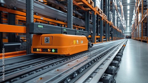 Orange automated guided vehicle moving along warehouse tracks.