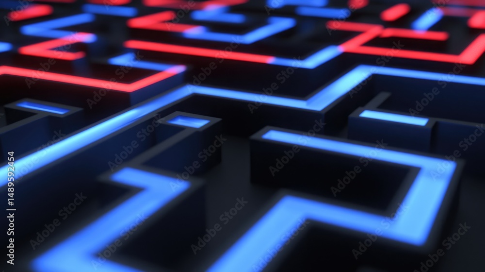 Abstract neon maze with red and blue glowing pathways Abstract neon maze with red and blue glowing pathways