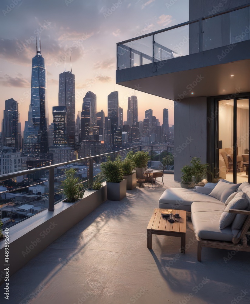 Obraz premium Sleek modern apartment, city skyline view from rooftop terrace, interior, sophisticated, balcony