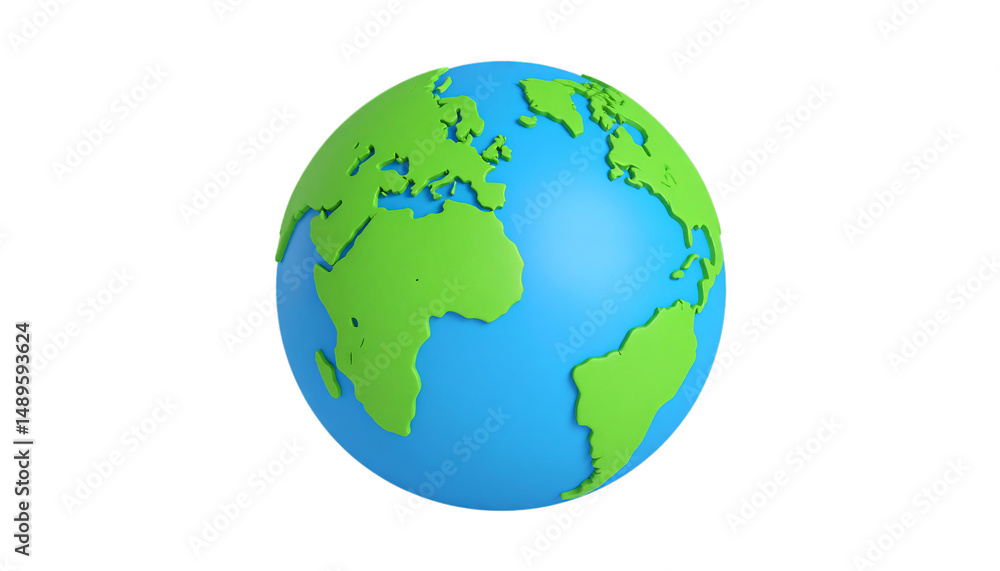 Naklejka premium 3D illustration of Earth showcases vibrant green continents against bright blue ocean, highlighting planet geography. globe is set against plain transparency background, emphasizing its colorful