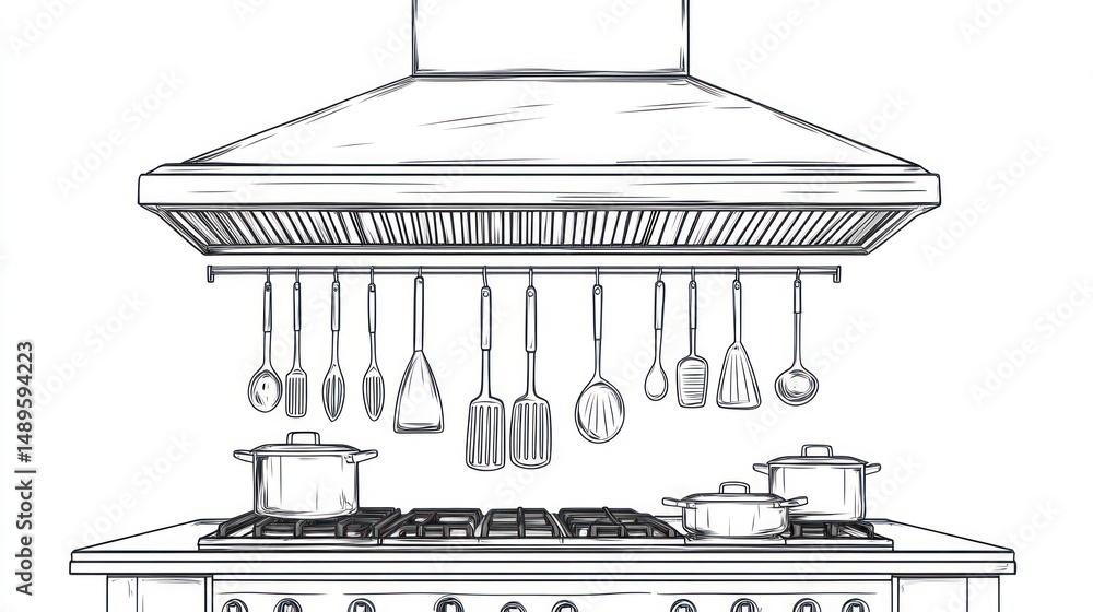 Fototapeta premium Kitchen range hood, utensils, pots, cooking