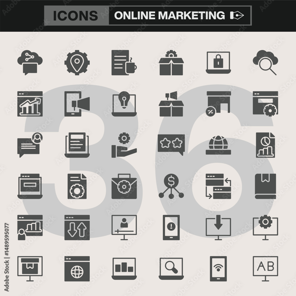 Online Marketing Icon Set with Line-Art Symbols for Cloud Sharing, Analytics, Security, Search, Customer Engagement, Advertising, and Digital Business Solutions Online Marketing Icon Set with Line-Art Symbols for Cloud Sharing, Analytics, Security, Search, Customer Engagement, Advertising, and Digital Business Solutions