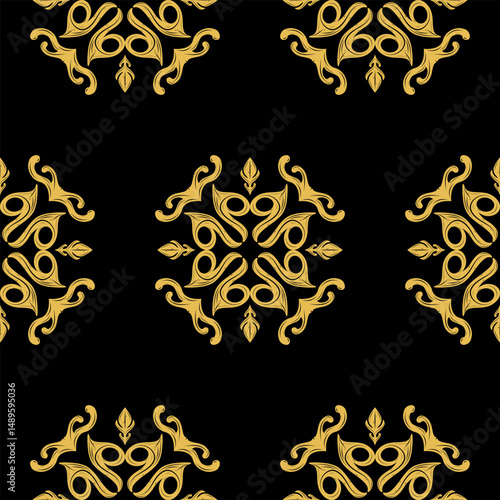 Intricate Gold Filigree on Black Elaborate Pattern.  Abstract Florals Repeat with Scroll Curly Ornament Classy Timeless motif Design for All Kind of Decoration Lace Embroidery Wallpaper Silk Border