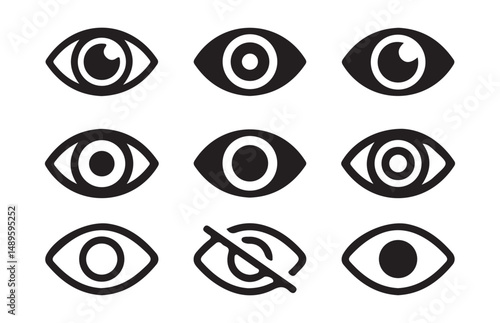 Black See and unsee eye icon. Eyesight symbol. Show password and Hide password. Retina scan eye signs. Privacy and block flat or line vector collection
