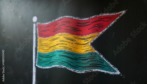 Colorful flag design drawn on black chalkboard with white chalk outline

