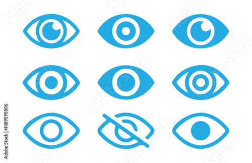Blue See and unsee eye icon. Eyesight symbol. Retina scan eye signs. Show password and hide password. Privacy and block flat or line vector collection. vector eps 10