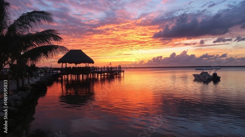 Scenic Tropical Sunset at Peaceful Dock with Palm Trees and Motorboat Reflection in Water