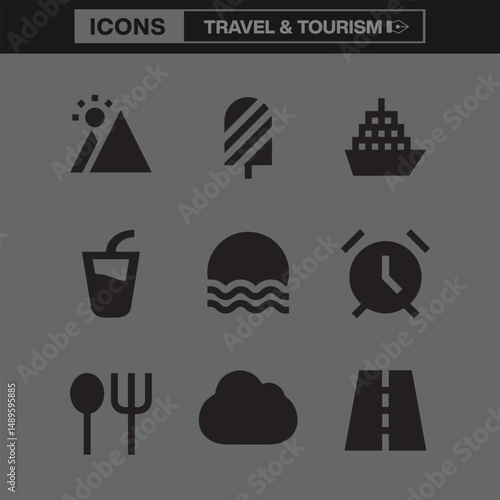 Travel and Tourism Icon Set Featuring Line Art Symbols Representing Destinations, Transport, Accommodation, and Leisure Activities for Digital and Print Design