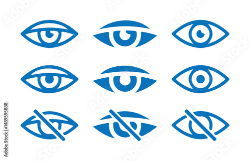 Blue See and unsee eye icon. Eyesight symbol. Retina scan eye signs. Show password and hide password. Privacy and block flat or line vector collection. vector eps 10