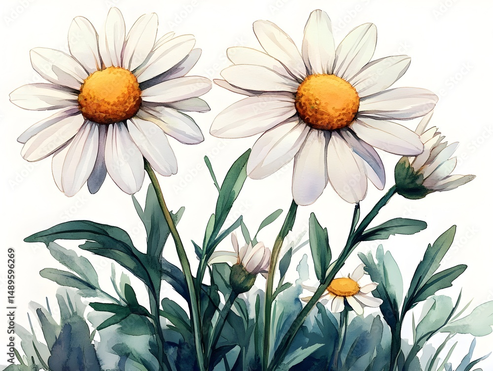 Fototapeta premium Two large white daisies with yellow centers bloom vibrantly against a backdrop of lush green foliage and smaller buds.