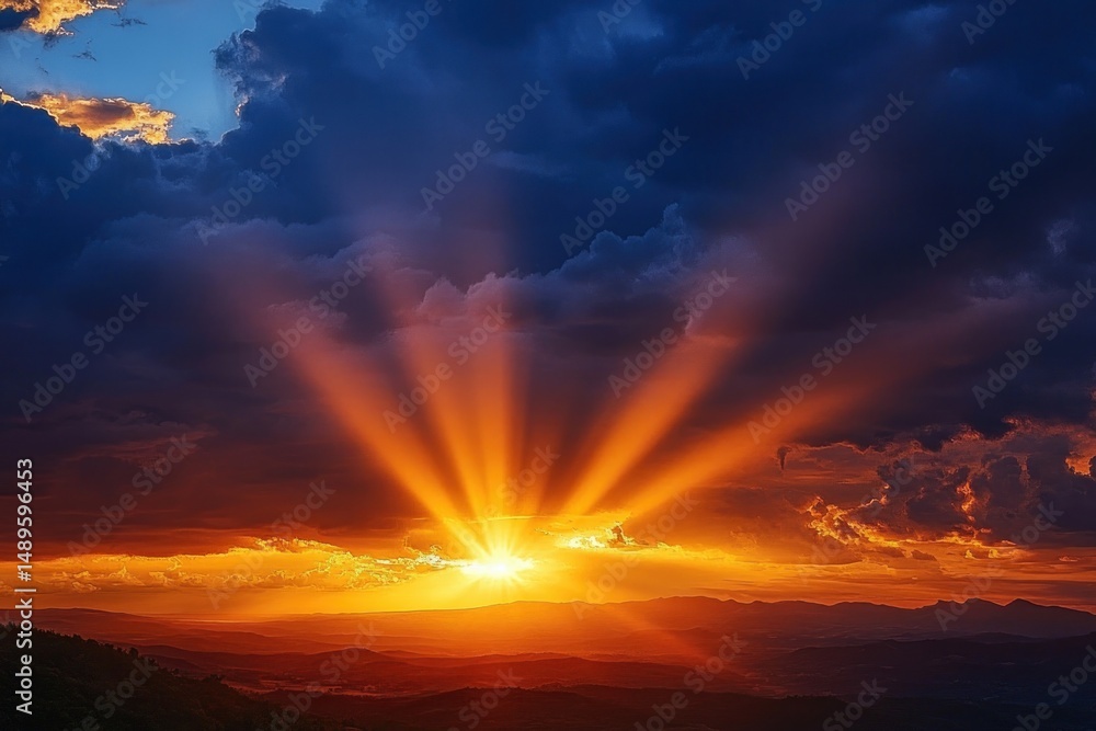 Fototapeta premium Dramatic sunset over rolling hills with radiant golden sun rays breaking through dark storm clouds on the horizon