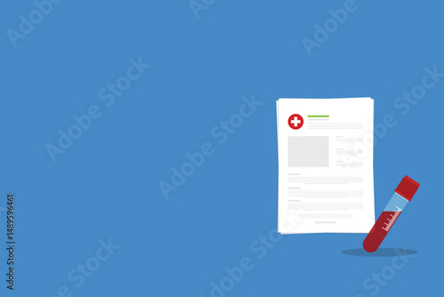 Blood test, analysis. Blood test icon. Medical analysis laboratory test. Medical sample in a plastic box and medical report.	