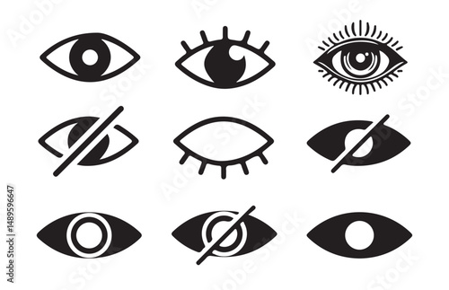 Black See and unsee eye icon. Eyesight symbol. Show password and Hide password. Retina scan eye signs. Privacy and block flat or line vector collection