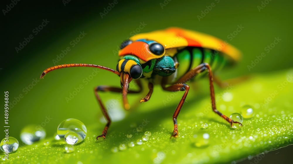 Fototapeta premium Vibrant Insect on Dew-Covered Leaf, a Close-Up Macro Photograph