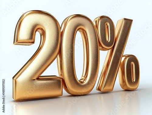 Shiny golden three-dimensional text displaying twenty percent on a clean white background symbolizing discounts or percentages