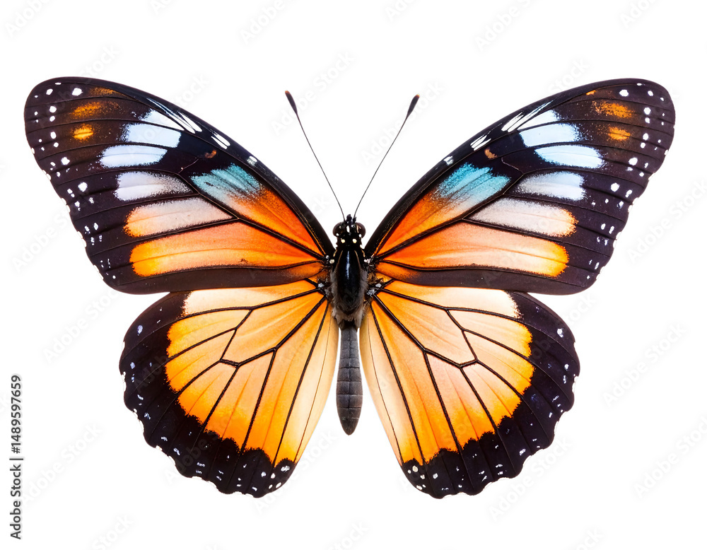 Obraz premium Vibrant butterfly with striking orange, black, and white patterns on its wings, showcasing nature beauty and symmetry. intricate details highlight its delicate structure and colorful design