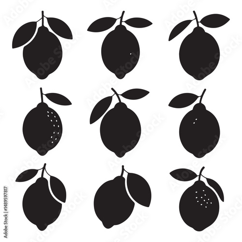 Black silhouette illustrations of lemons with leaves, detailed and fresh design, perfect for food, nature, or organic-themed graphics.