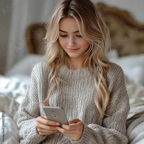 Woman using a phone in bed