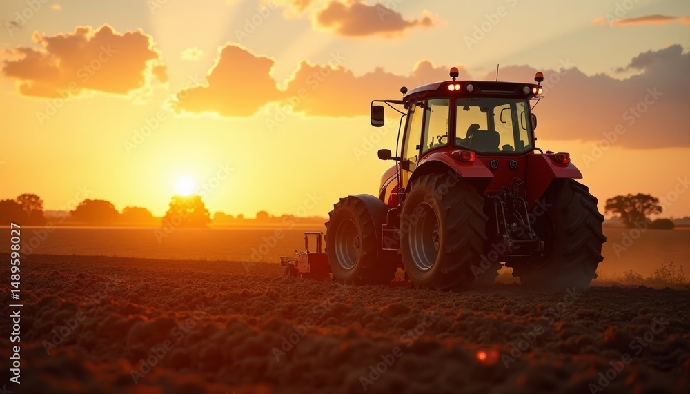 Obraz premium Tractor in Field During Sunset