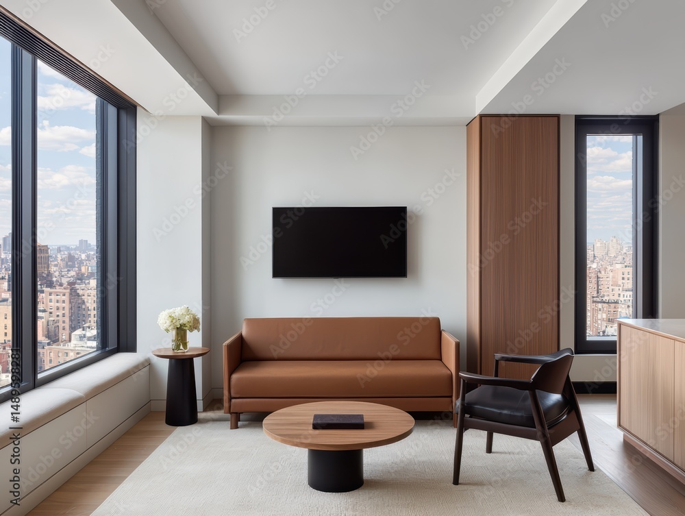 Fototapeta premium Modern Living Room with City View in a Stylish Apartment Interior
