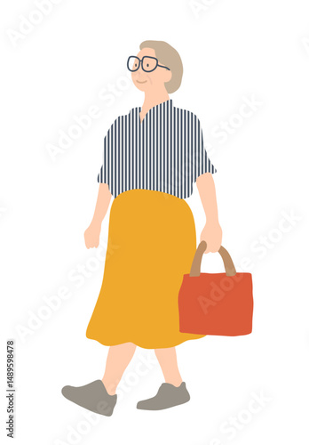 Senior women walking with striped shirt and yellow skirt illustration