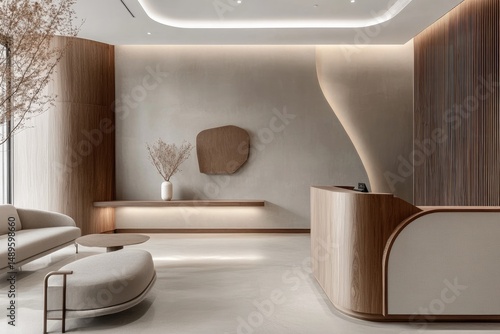 Modern minimalist reception area with warm tones and subtle curves.  Features a wooden reception desk, beige seating area, and statement wall art