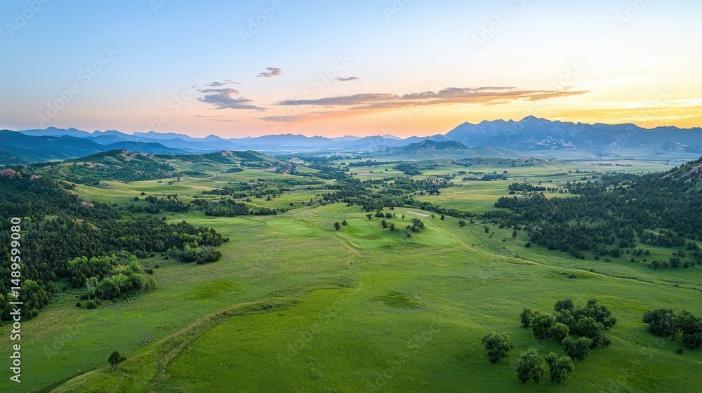 Fototapeta premium Tranquil sunrise over vast green meadows remote landscape aerial view nature serenity