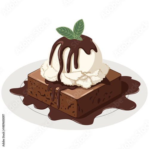 Decadent chocolate brownie with vanilla ice cream isolated vector illustration on white background