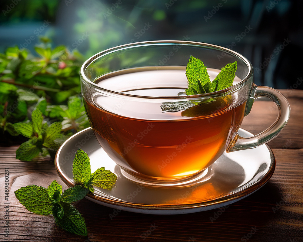 A rustic wooden table with a cup of freshly brewed tea and mint sprigs surrounding it. A rustic wooden table with a cup of freshly brewed tea and mint sprigs surrounding it.