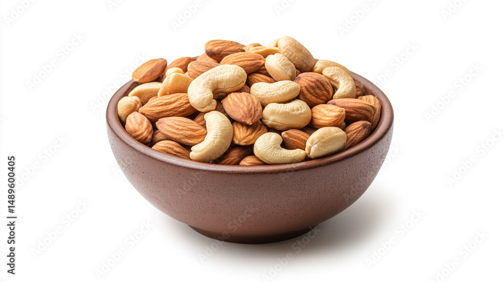 Bowl of mixed almonds and cashews on a white background. Healthy and nutritious snack. Bowl of mixed almonds and cashews on a white background. Healthy and nutritious snack.