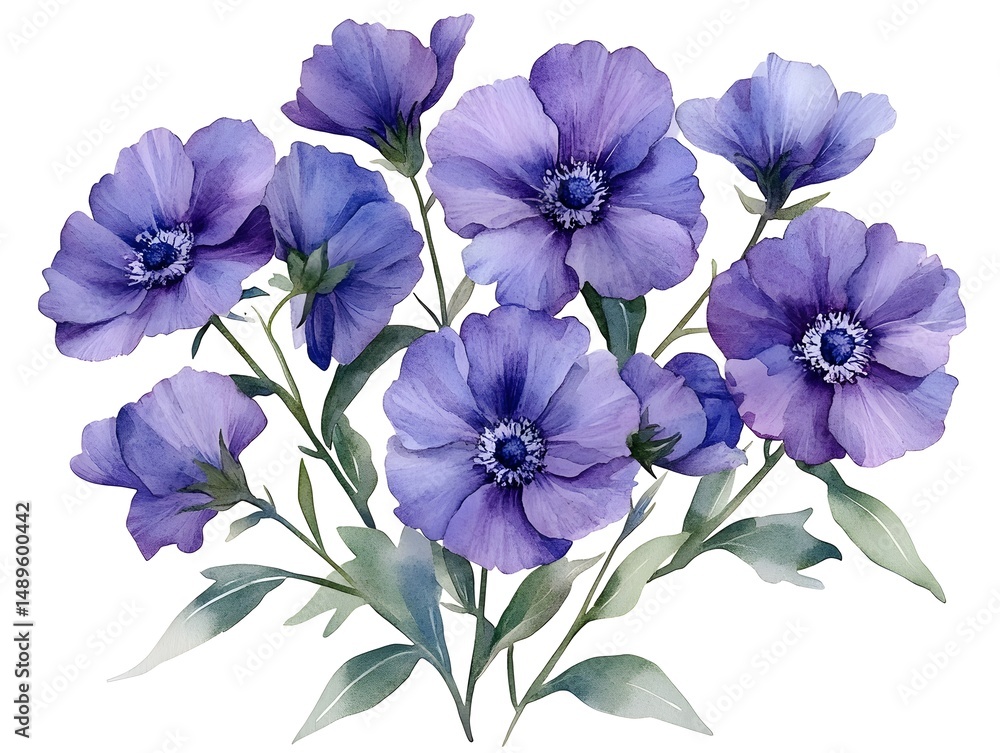 Fototapeta premium A lovely watercolor painting depicts a bouquet of delicate purple anemones with lush green leaves on a white background.